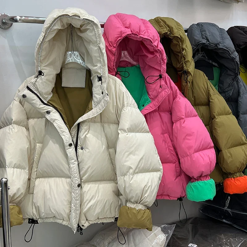 Schinteon Vrouwen Donsjack Met Kap Herfst Winter Warme Dikke Casual Losse Over Size Uitloper Witte Eend Down Jas 2024 Nieuwe