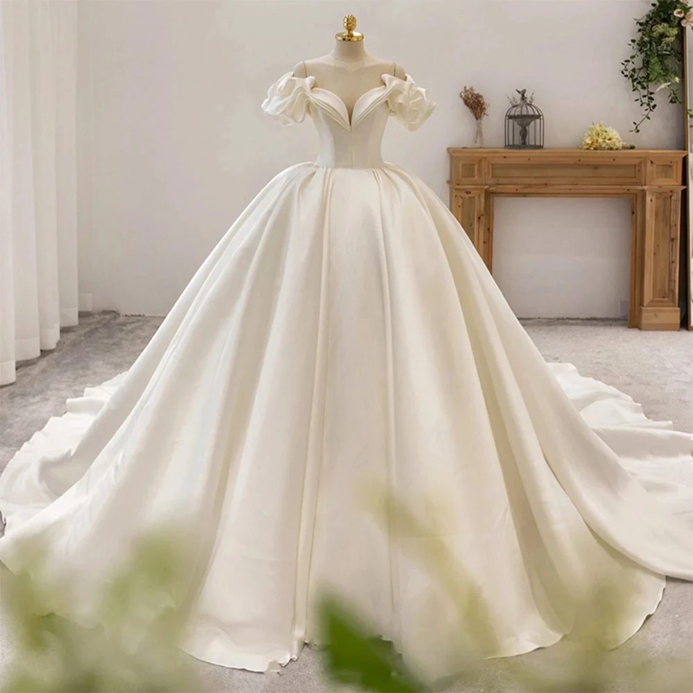 Von der Schulter Blumen Kurzarm Schatz Hals schnüren Rücken Satin Ballkleid Brautkleid mit Kapelle Zug