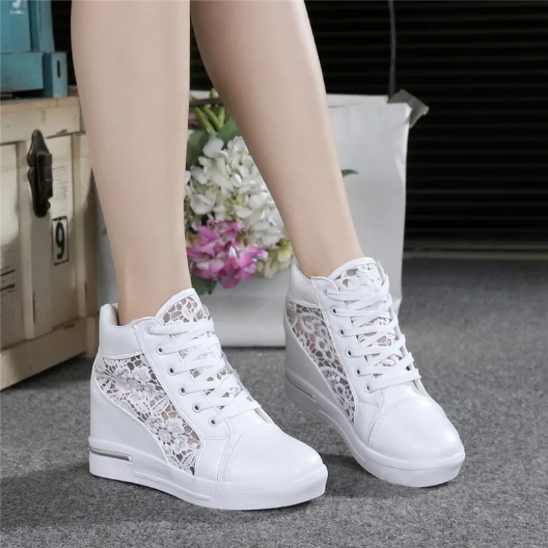 Summer Women Lace Casual Shoes Woman Breathable Mesh Sneakers Flats Lace  High Heels Platform Wedges Ladies