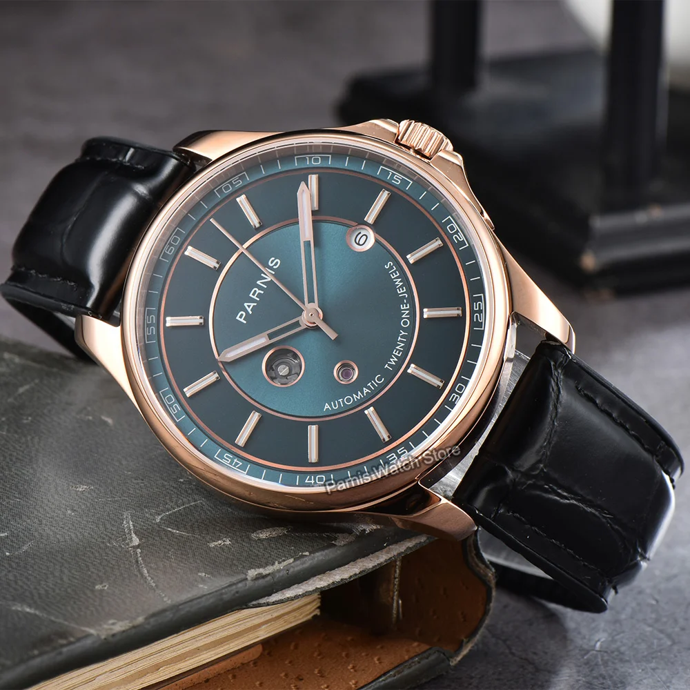 Parnis 42mm Blue Dial Rose Gold Stainless Steel Case Sapphire Crystal Automatic Men's Watch