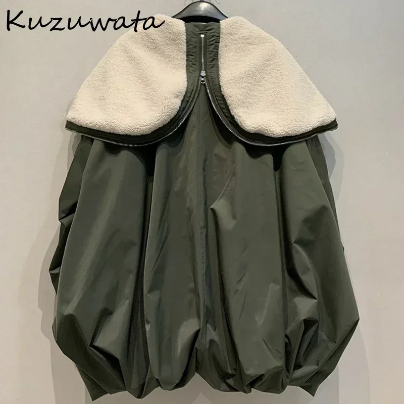 Kuzuwata Long Sleeve Hooded Casual Soft Jacket Zip Slim Fit Loose Button Elegant Parkas Coat Japan New Moda Pocket Outwears