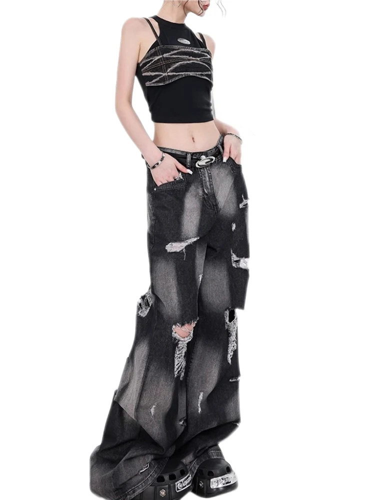 Damskie czarne, barwione krawatowo gotyckie, zgrywanie dżinsy Cargo Harajuku japońska moda uliczna 2000s dżinsy Emo 90s Vintage Denim tandetne ubrania