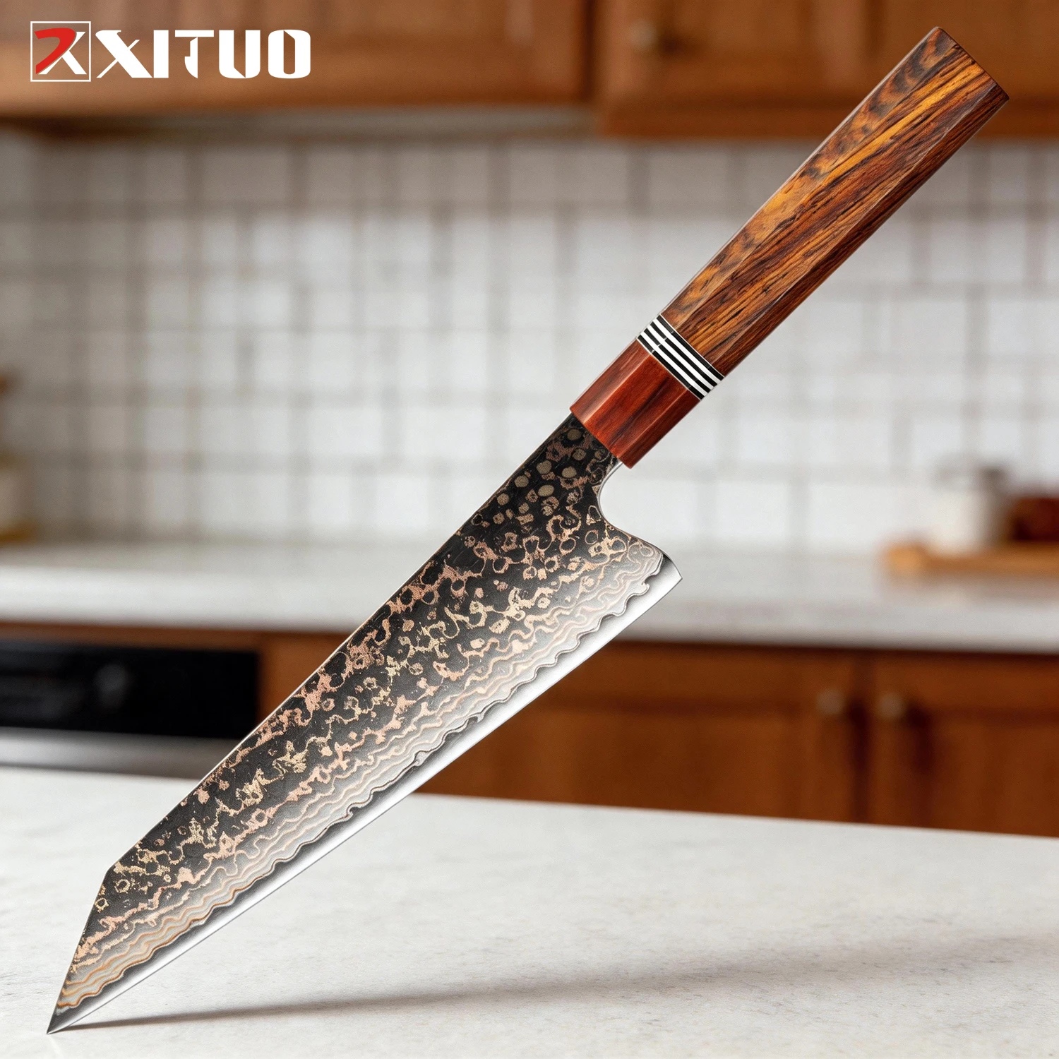 

XITUO 8 Inch Kiritsuke Knife, 37-layer Copper Damascus Steel Sharp Kitchen Chef Knife for Cut Meat, Vegetables, Rosewood Handle