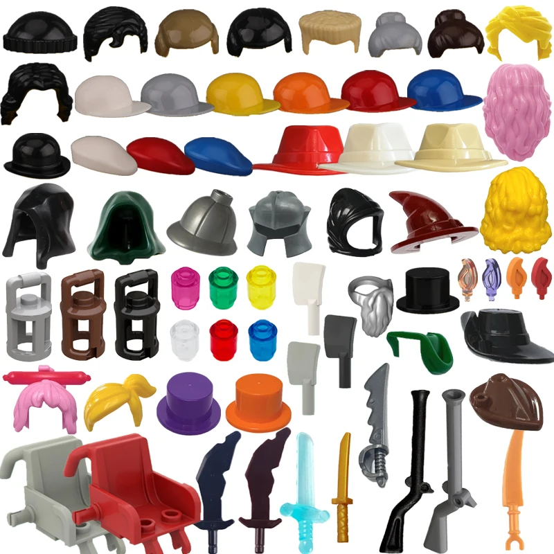 MOC Figures Accessories Building Blocks Baseball Hat Beret Top Hat Hair Hand Lantern Medieval Waffen Compatible Part Bricks Toys