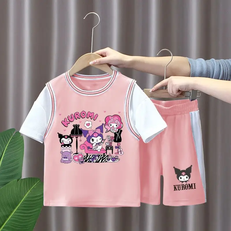 2Pcs Anime Sanrios Kuromi Cinnamoroll Boys Girls Sports Suit Cartoon Short Sleeve Shorts Quick Drying Basketball Uniform Gift