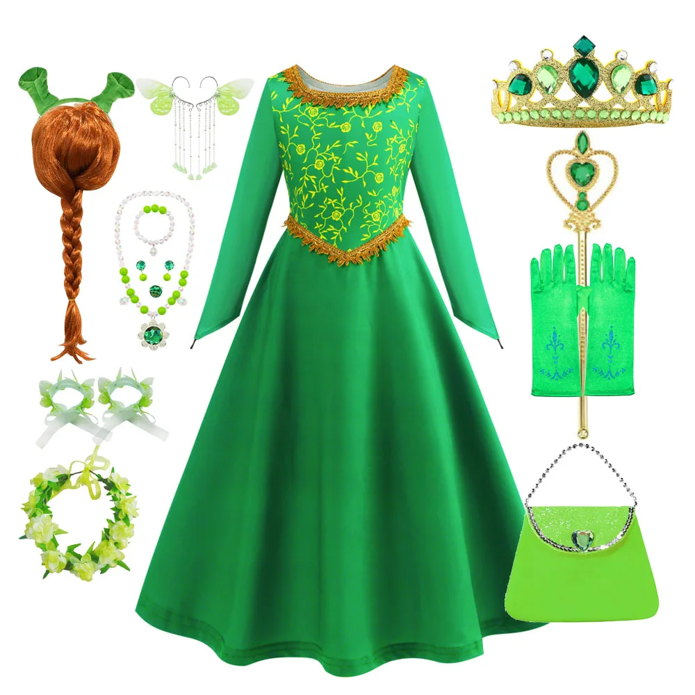 

Shrek Dress Fiona Cosplay Costume Full Sets Green Dress Uniform for Kids Outfit Carnival Party Performance Clothes Roleplay