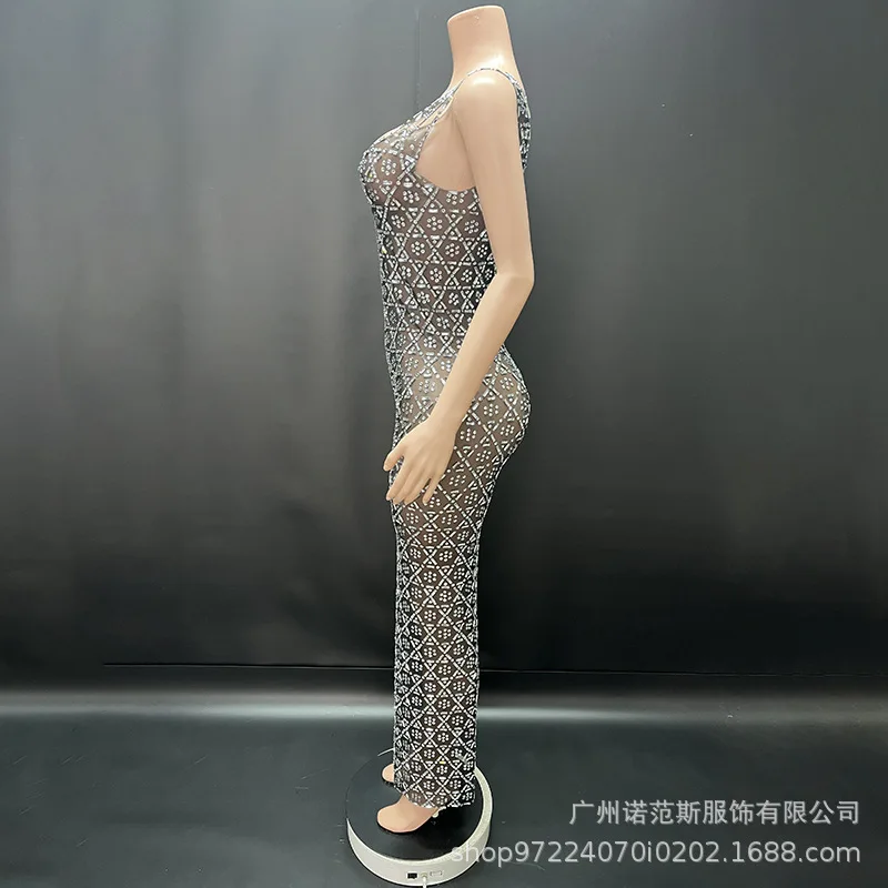 Sexy laag uitgesneden glanzende strass temperament hoogtransparante jurk jaarlijkse bijeenkomst waardige sfeer gastheer jurk model catwalk