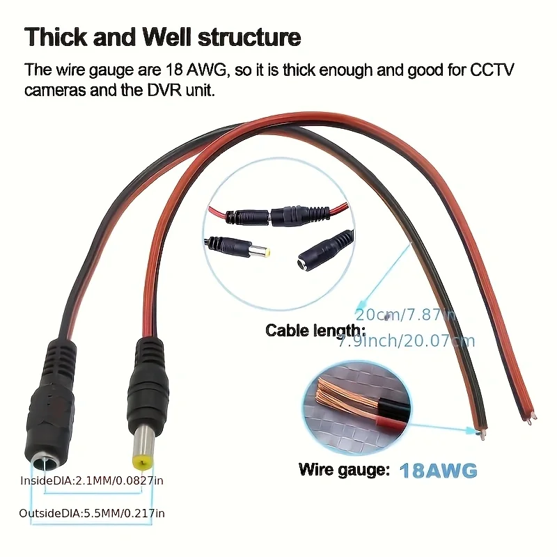 12V Dc Power Pigtail Plug Cable DC Male Female Security adapter Connector 5.5mm X 2.1mm For CCTV Cameras