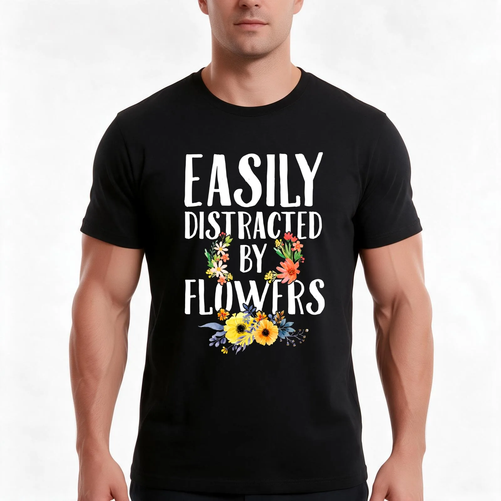 Easily distracted by flowers - Gardening T-Shirt, Summer Casual Cotton Tee, Oversized Streetwear Tops, Vintage Graphic Print