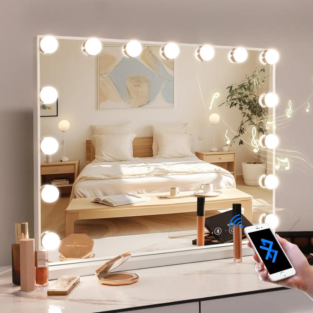 

Голливудское LED-зеркало для макияжа с Bluetooth-колонкой, 15 диммируемых лампочек, 3 цветовых режима, USB-порт для зарядки
