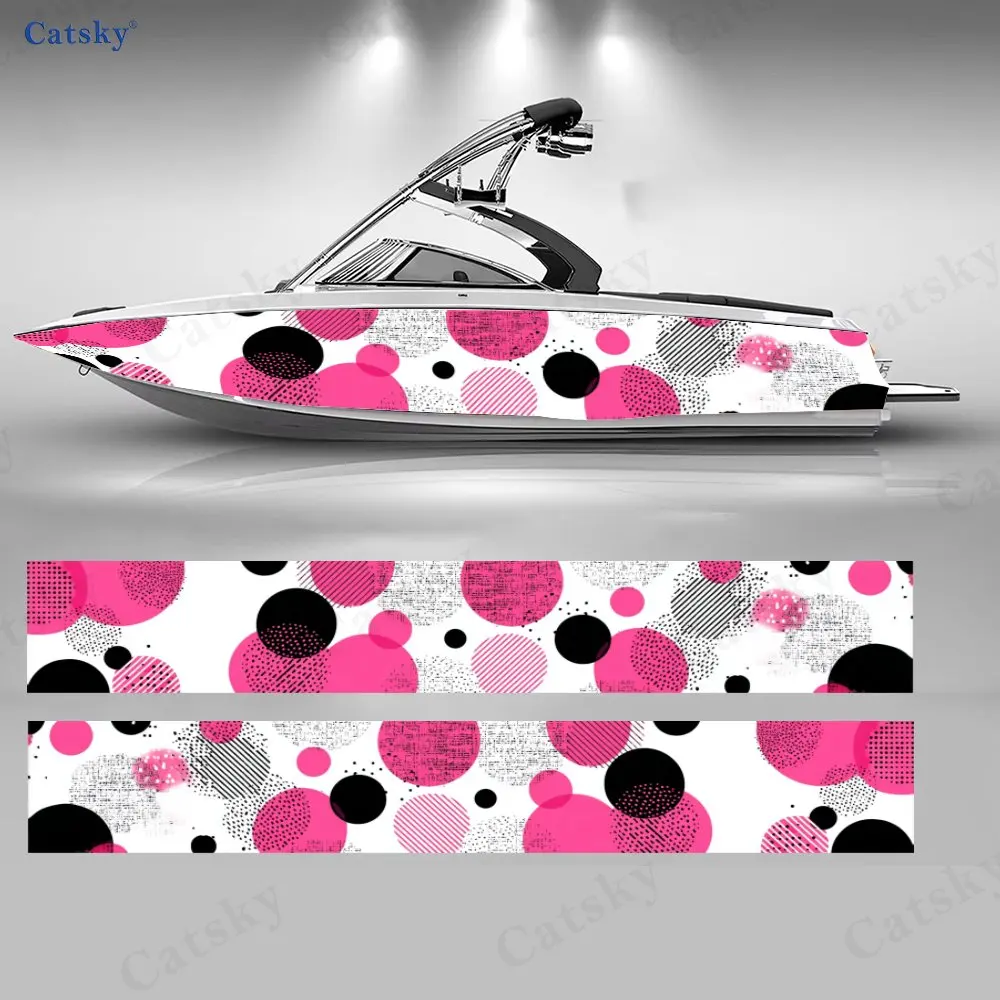 Retro Halftone Pink & Black Dot Boat Stickers, PVC Waterproof Vinyl Wrap Decals for Fishing Boats, Durable and Stylish Design