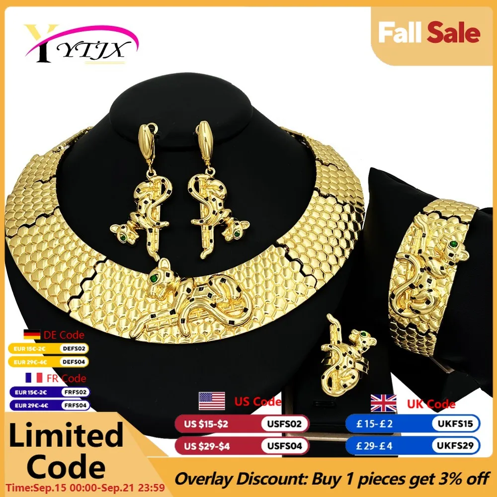 

YTJX африканский позолоченный большой комплект ювелирных изделий с леопардовым принтом, ожерелье, браслет, серьги, комплект колец, подарок для свадебной вечеринки, новинка 2023 г.