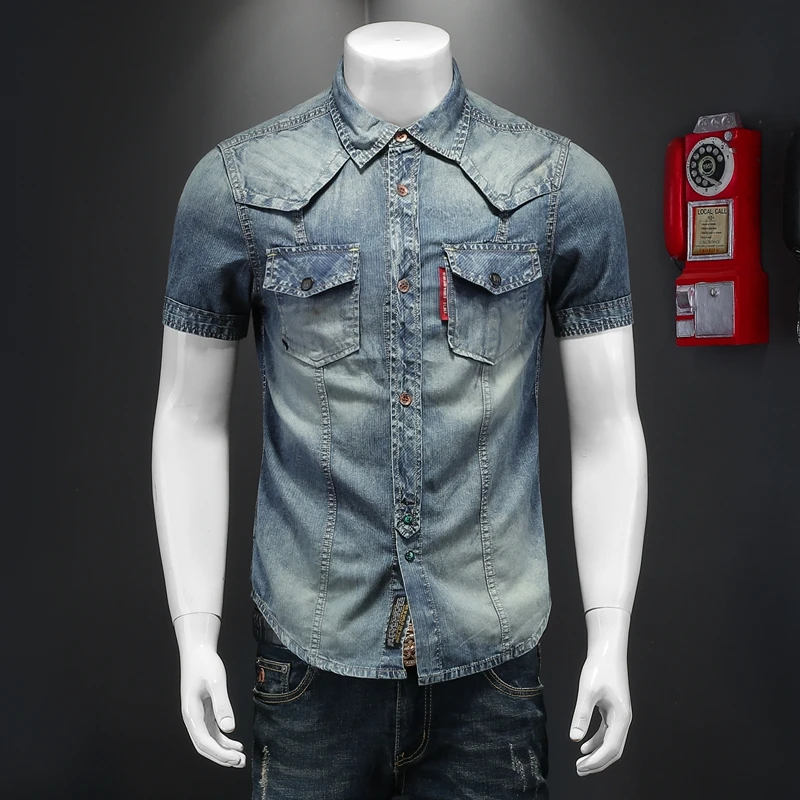 

Retro Waed ort Sve Denim irt Men's Youth Splicing Trendy High End Summer New Sle Faion Urban Breathable Moisture...