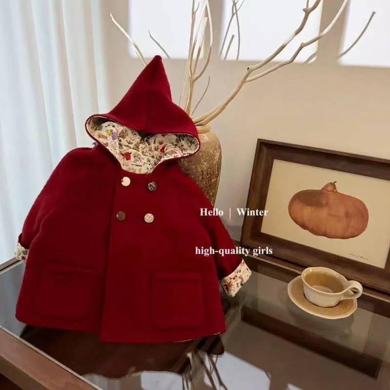 

2025New Autumn and Winter Children's Double-sided Christmas New Year Red Pointed Hat Wool Coat Children's Chinese Princess Style