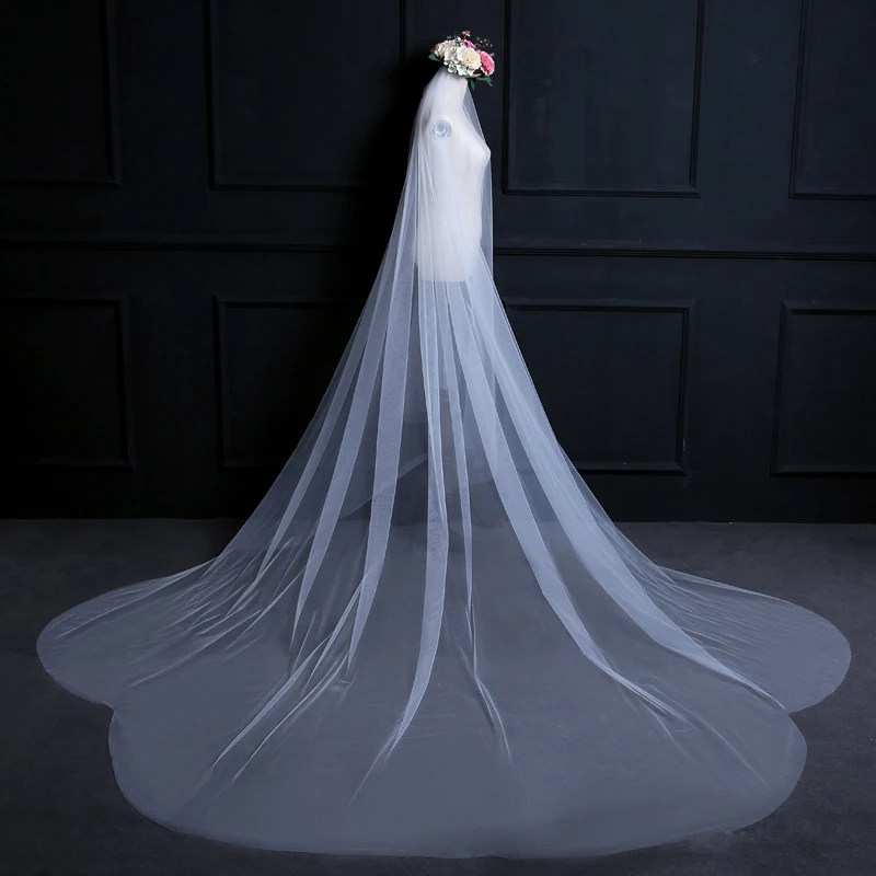 1 Layer Long Wedding Veil Simple Bridal Veils Cathedral Length Plain Soft Tulle Wedding Accessories 350cm