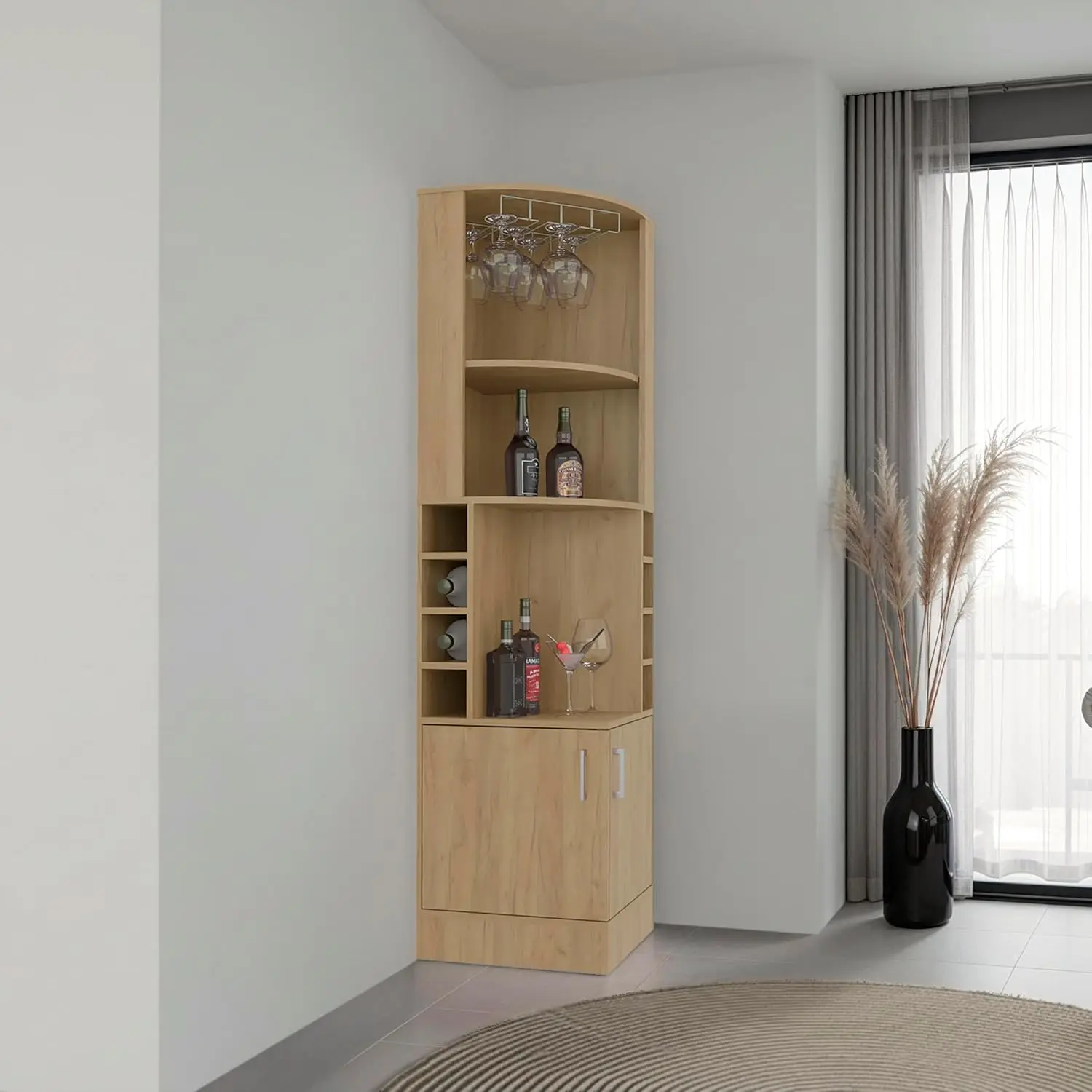 Corner Bar Cabinet with 8 Wine Cubbies, Stemware Rack & 2-Door Storage, 71.1