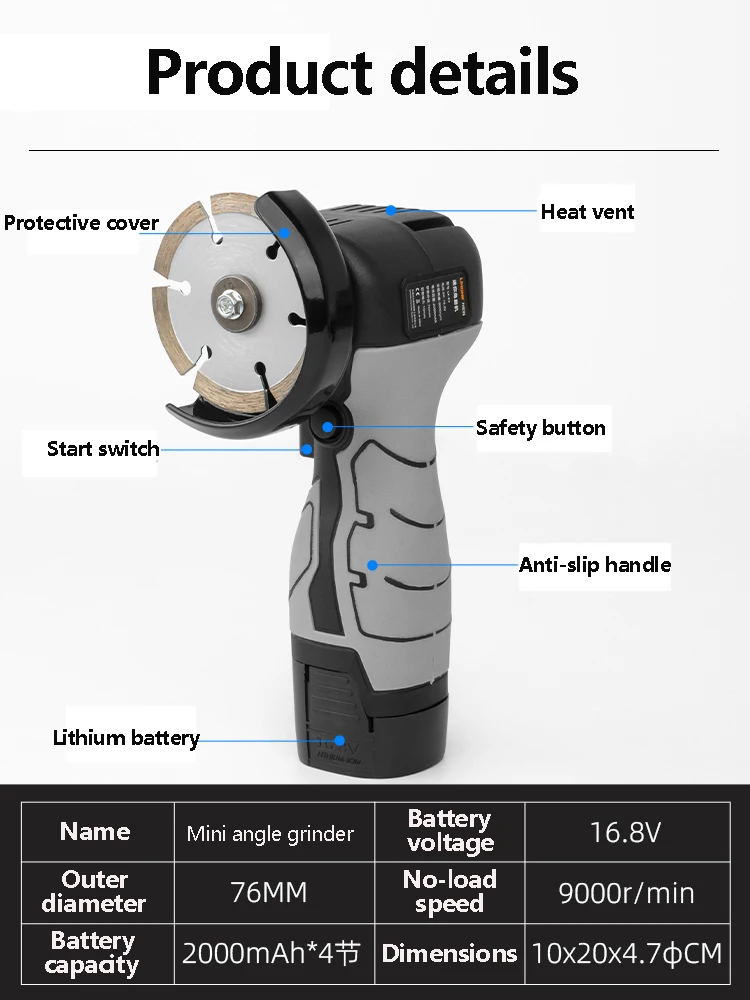 Handheld Angle Grinder Tile Wood Board Metal Polishing Cutting Machine Cordless Power Tool