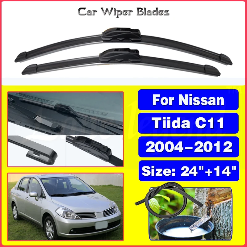 

For Nissan Tiida C11 2004-2012 24"+14" Car Accessories Front Windscreen Wiper Blade Brushes Wipers U Type J Hooks 2011 2010 2009