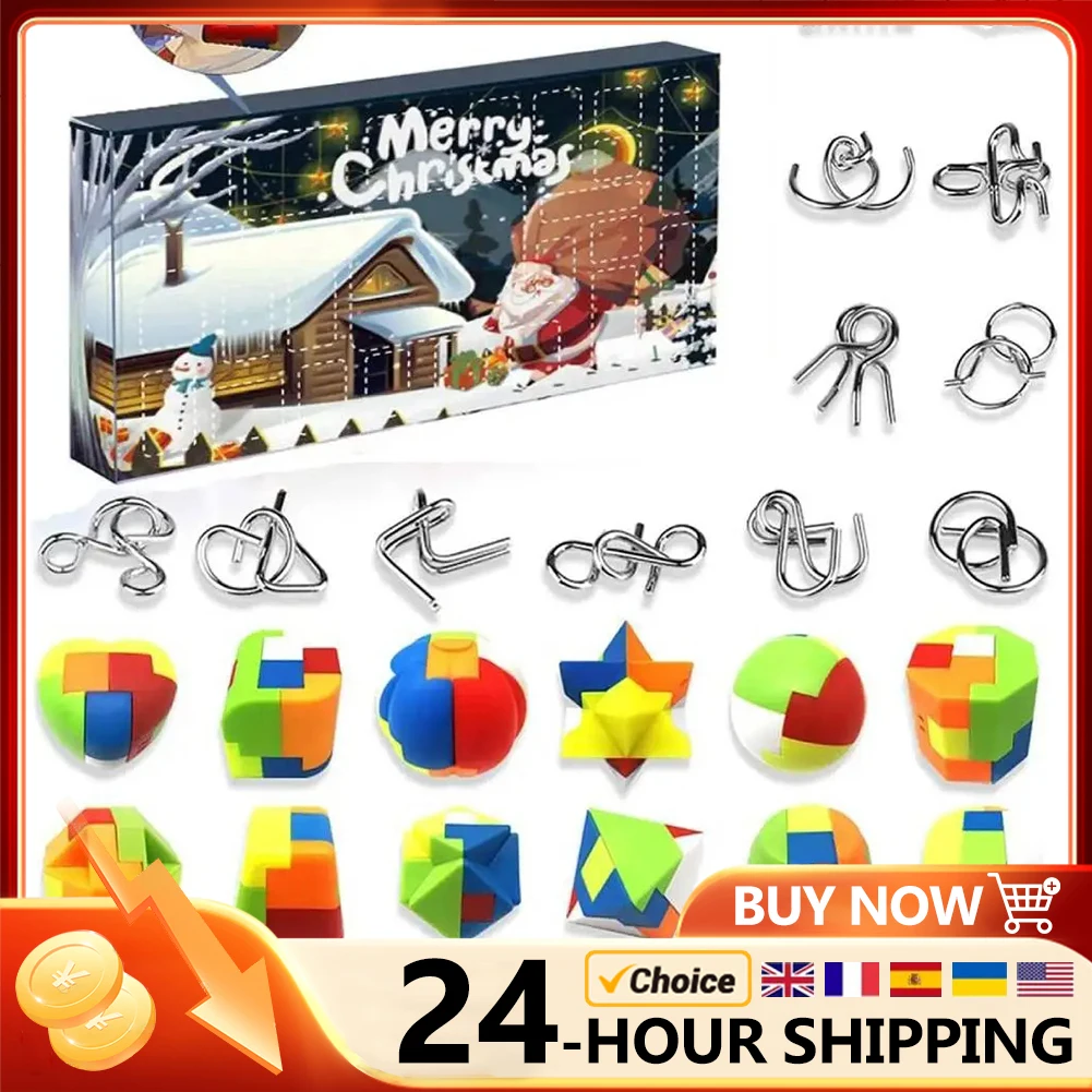 Christmas Advent Calendar 24 Pcs Metal & Plastic Puzzle Family Brain Challenge Games Toys Xmas Gifts for Boys Girls Teens Adults