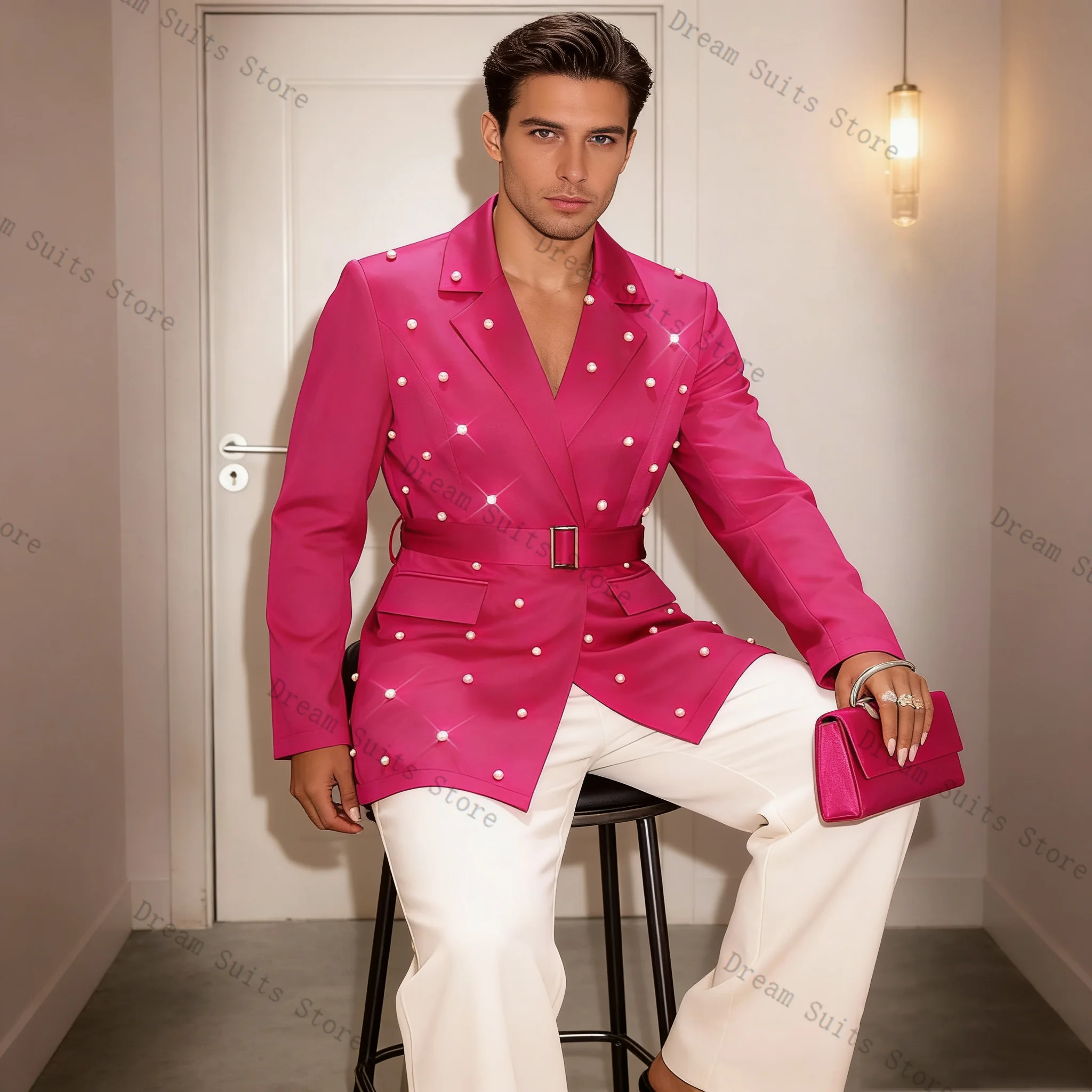 

Pearls Men Suit Set 2 Pcs Pink Blazer+Pants Trousers Customized Spring Cotton Formal Office Jacket Wedding Tuxedos Prom Coat