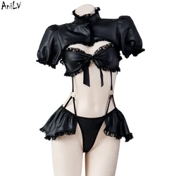 AniLV Anime Student Girl Puff Sleeves Leather Bodysuit Swimstuit Swimwear Unifrom Women Anime Pajamas Outfits Costumes Cosplay