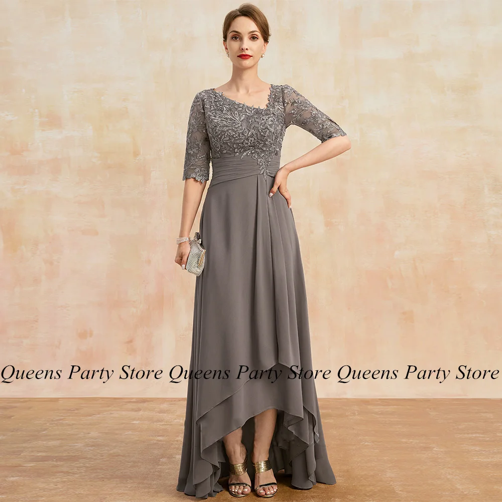 

Hi-lo Mother of The Bride Dress with Half Sleeves Sequined Applique Chiffon A Line Wedding Guest Gown for Woman Custom Size