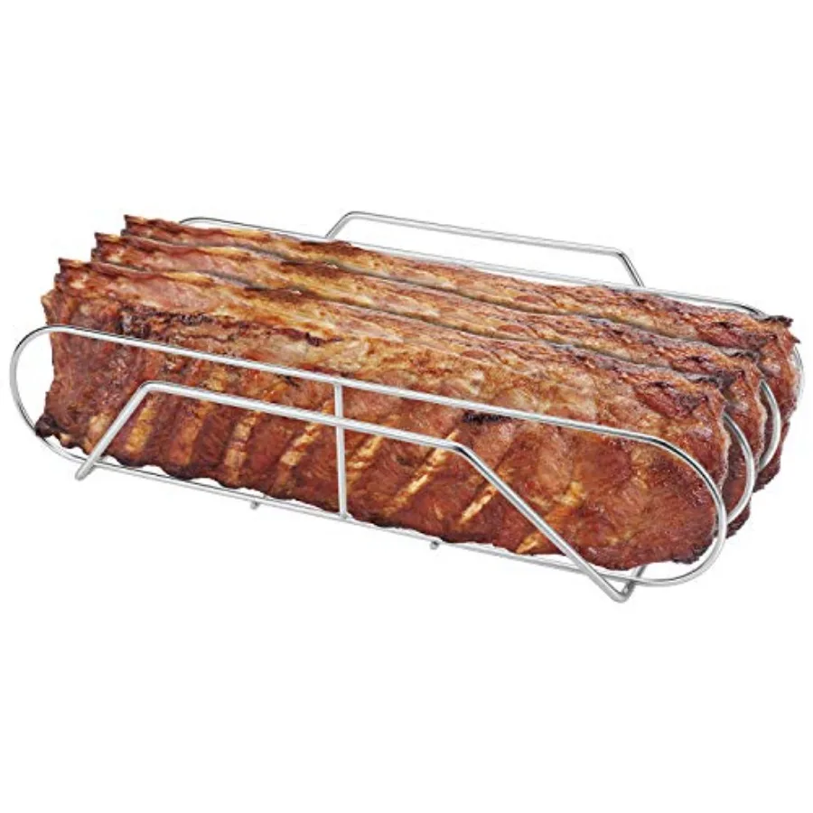 

Extra Long Stainless Steel Rib Rack for Smoking and Grilling Holds up to 3 Full Racks of Ribs Fits 18 or Larger Gas Smoker or C