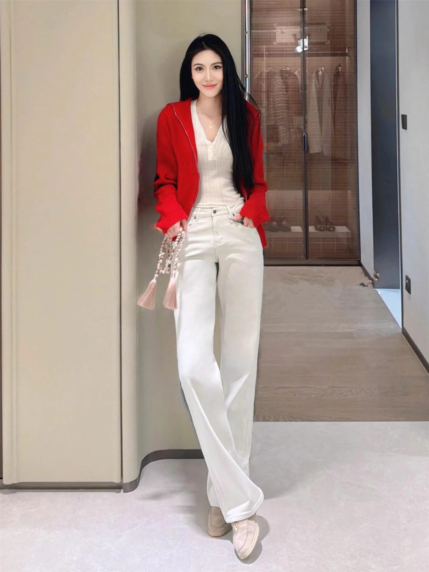 

Extended Length High Waist Loose Fit Straight Leg Jeans Women's Spring Autumn Slimming Design Wide Leg Cotton Denim Pants