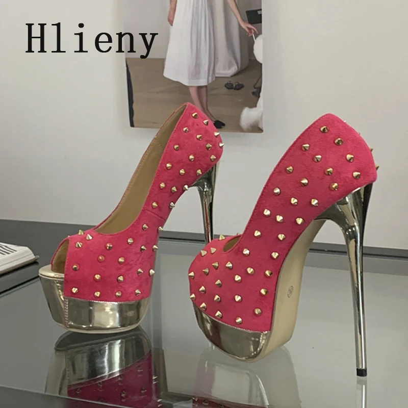 

Hlieny/размер 35–42, пикантные туфли-лодочки на платформе, женские модные туфли на высоком каблуке-шпильке с заклепками и открытым носком, вечерние свадебные женские туфли для невесты