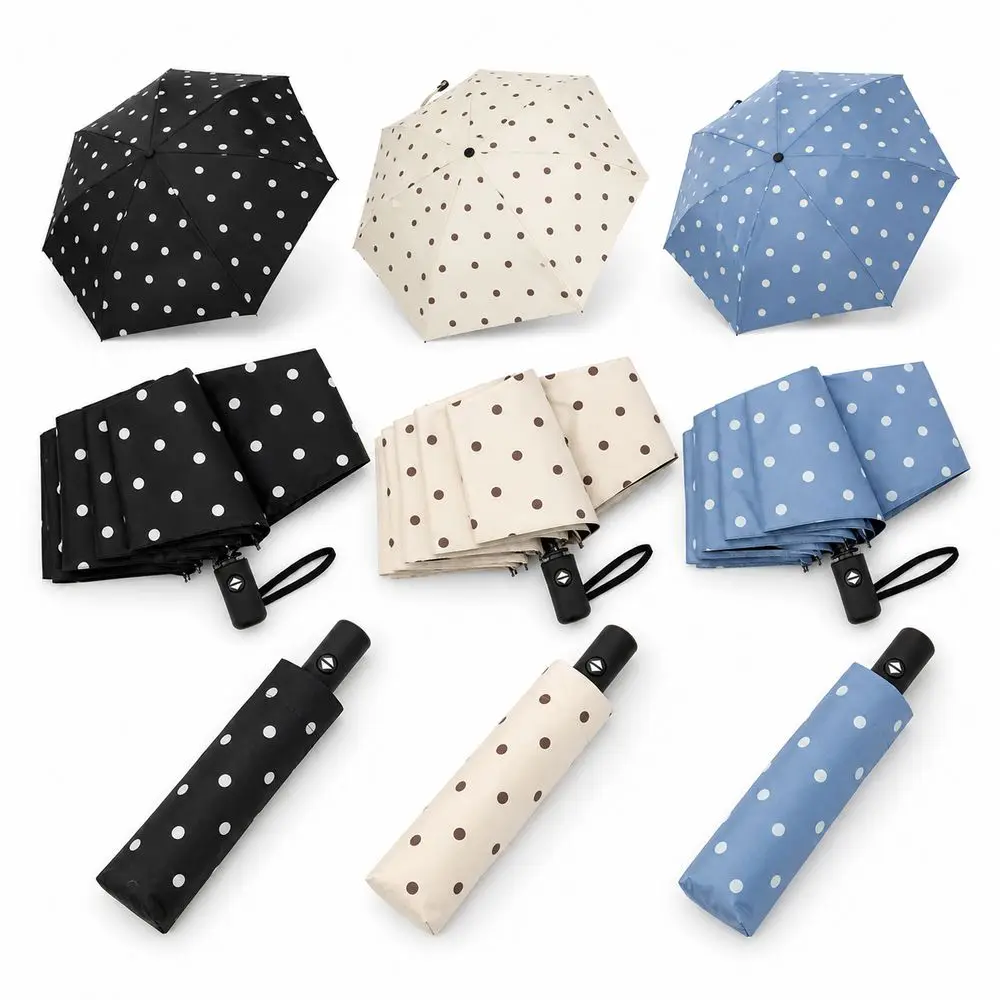 Polka Dot Folding Umbrella Automatic Open Close Water Repellent Automatic Umbrella Compact Fold UV Protection Compact Umbrella