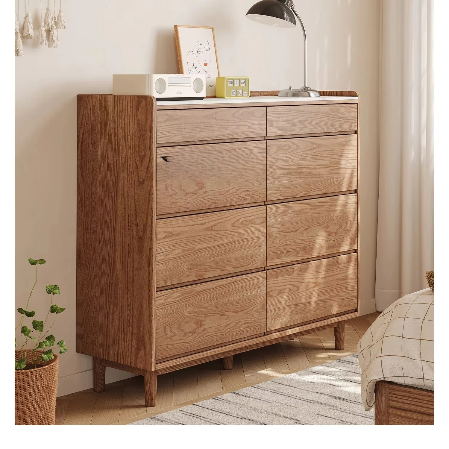 Bedroom High-End Bedside Cabinet Ultra-Thin Solid Wood Eight-Drawer Wall-Mounted Storage Cabinet