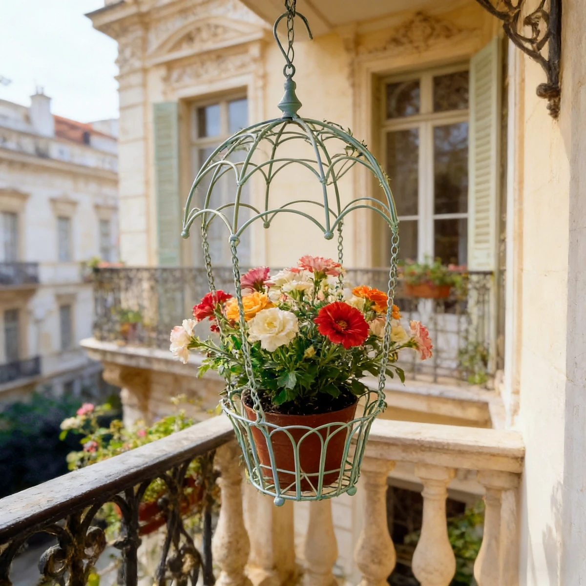 European-Style Wrought Iron Parachute Leaf Petal Hanging Flower Basket, Balcony Garden Wall Decoration, Green Plant and Flower Container