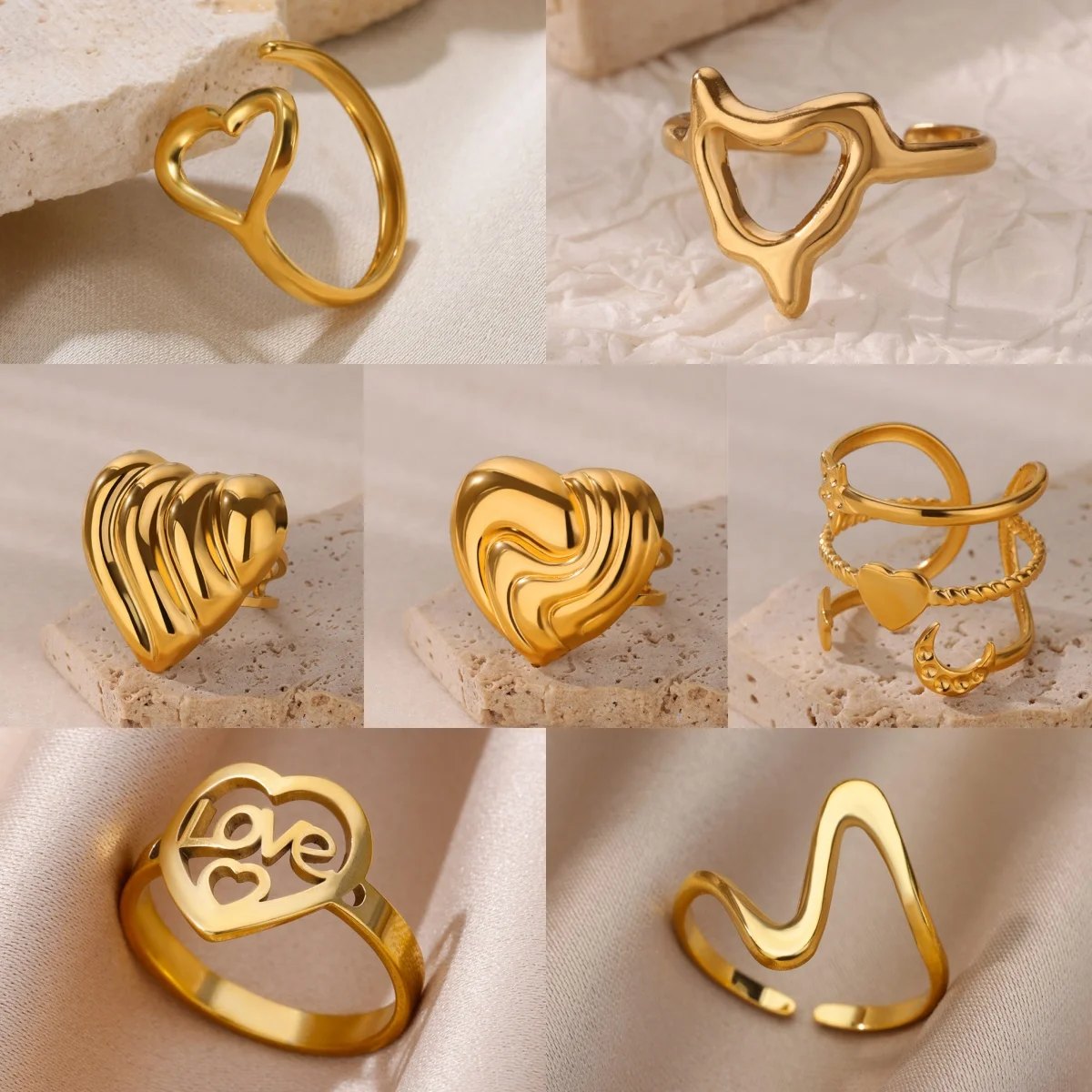 

10pcs Elegant Heart Moon Star Women's Rings Stainless Steel Openwork Valentine's Day Party Jewelry Ring Gift bijoux