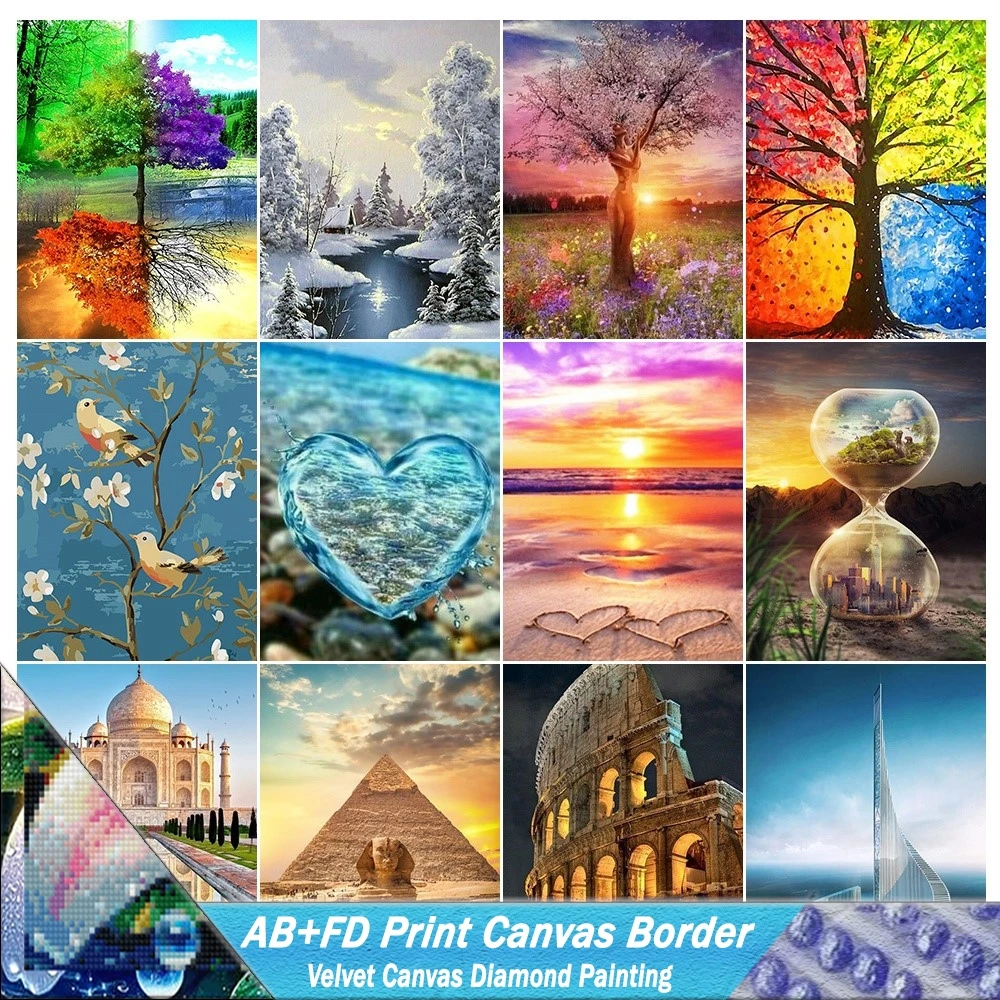 Landscape 5D AB+FD Print Canvas Border Diamond Painting Abstract Four Seasons Tree Mosaic Beach Rhinestone Embroidery Home Decor