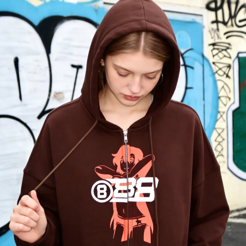 2025 Felpa con cappuccio coreana con cerniera retrò marrone Y2K da donna a maniche lunghe con cappuccio grande oversize morbido allentato moda di strada