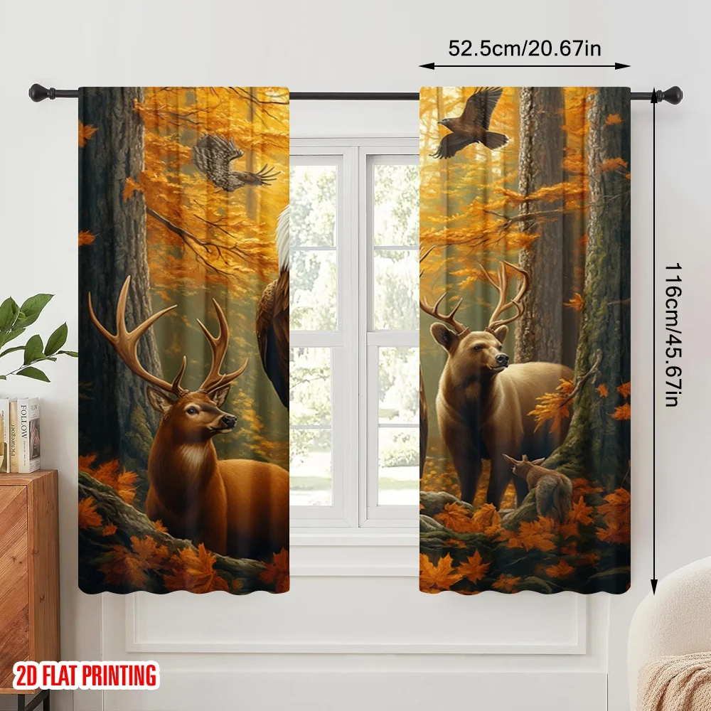 2pcs,2D plane printing Curtains&Window Treatment Deer Eagle Bear Forest Autumn Versatile Fabric (without rod) Room Decor for
