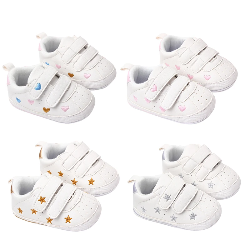 EWODOS Baby Girls Sneaker PU Leather Heart Star Non-slip Flats White First Walking Shoes for Girls Boys Casual First Walkers