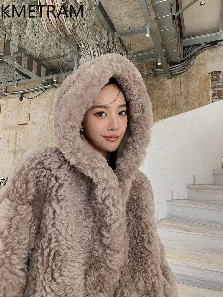 天然ウールシープスキン両面ファーコート レディース ロング リバーシブル 本物の毛皮コート フード付き 冬服 2025 abrigos