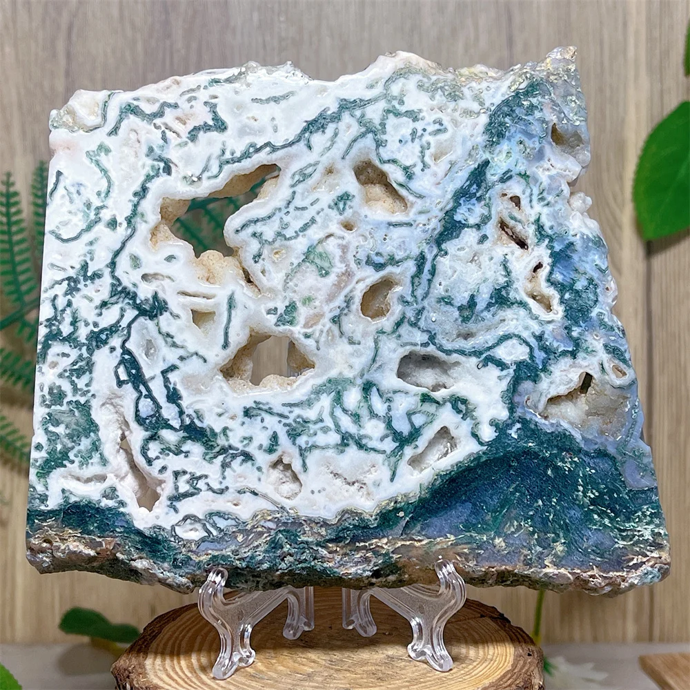 Moss Agate Slab Crystal Natural Stone Quartz Reiki Energy Reiki Mineral Stone Mineral Specimen Feng Shui Room Ornament+Stand