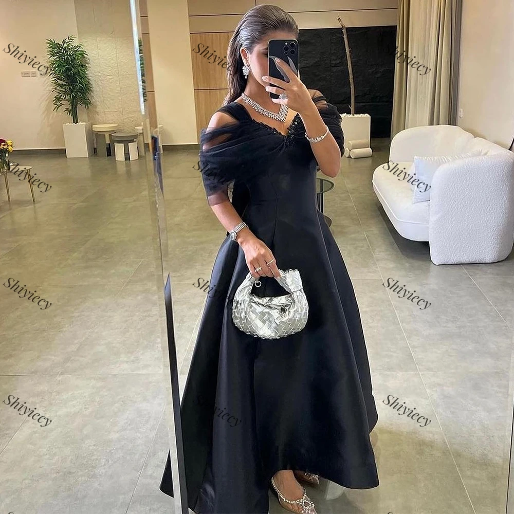 Black Formal Evening Dress Elegant Sweetheart Satin Sequined Appliques Prom Gowns Off the Shoulder Saudi Arabia Party Dress 2024