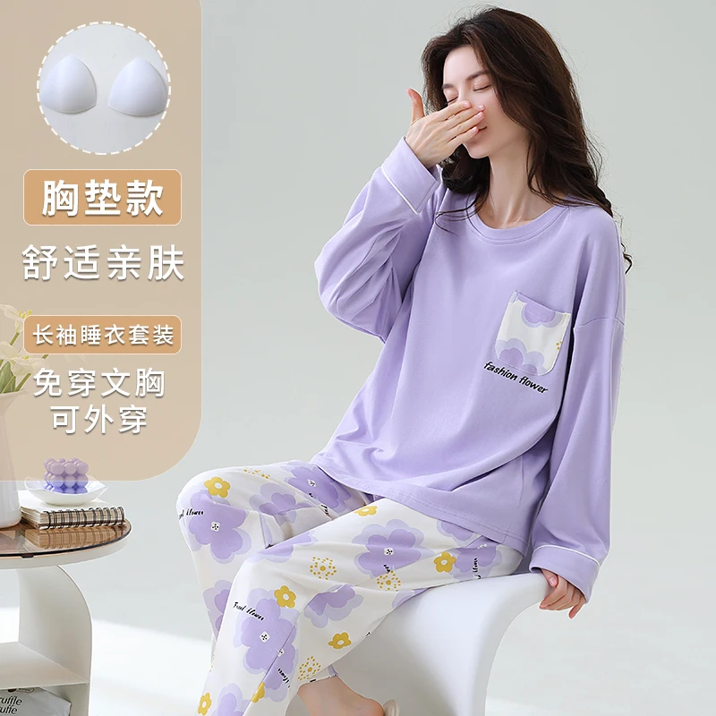 Big Size M-5XL Spring And Autumn Knited Cotton Pyjamas Women Long Sleeve Casual Pajamas Set With Chest Pad