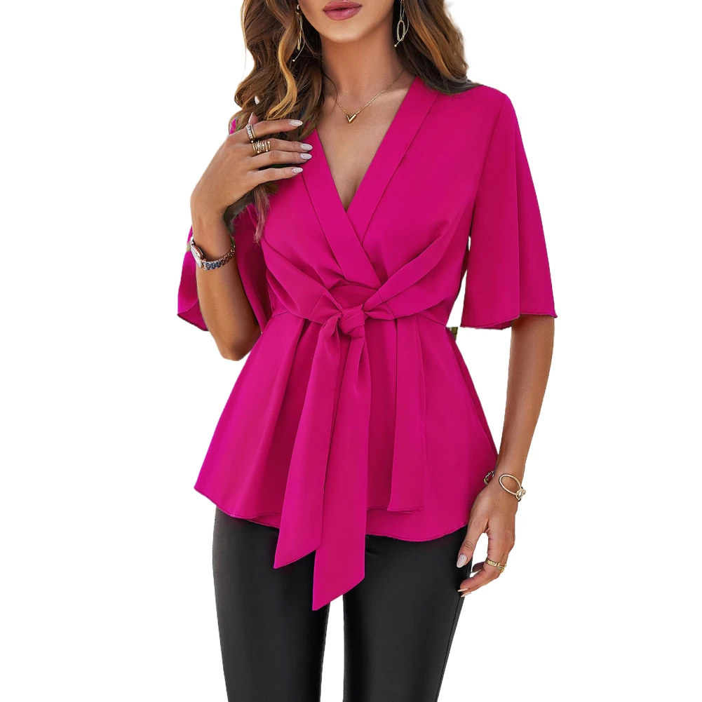 

Women's Pagoda Sleeve Blouses Trendy Summer Solid Color V Neck T-Shirts Casual Tie Up Waist Work Tops Female Clothing