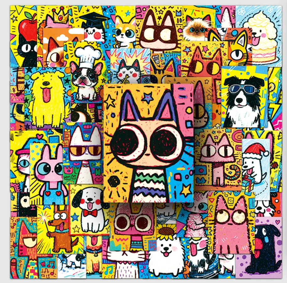 Wasserfeste, leuchtende, niedliche Graffiti-Kunst-Haustier-Aufkleber, 50 Stück, lustige handgezeichnete Katzen- und Hunde-Tier-Sticker für Scrapbook, Gepäck, DIY-Deko