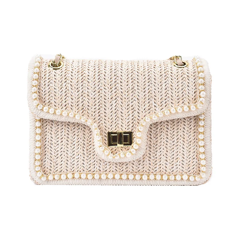 Women\'s Bag Chain Straw Summer 2021 New Fashion Pearl Hand-Woven Straw Shoulder Bags Beach Small Square Female Crossbody Handbag