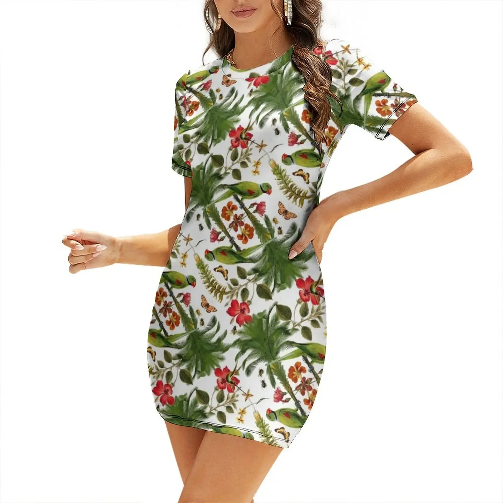Parrots in Paradise Short-Sleeved Dress Woman dresses luxury woman party dress Cocktail of dresses
