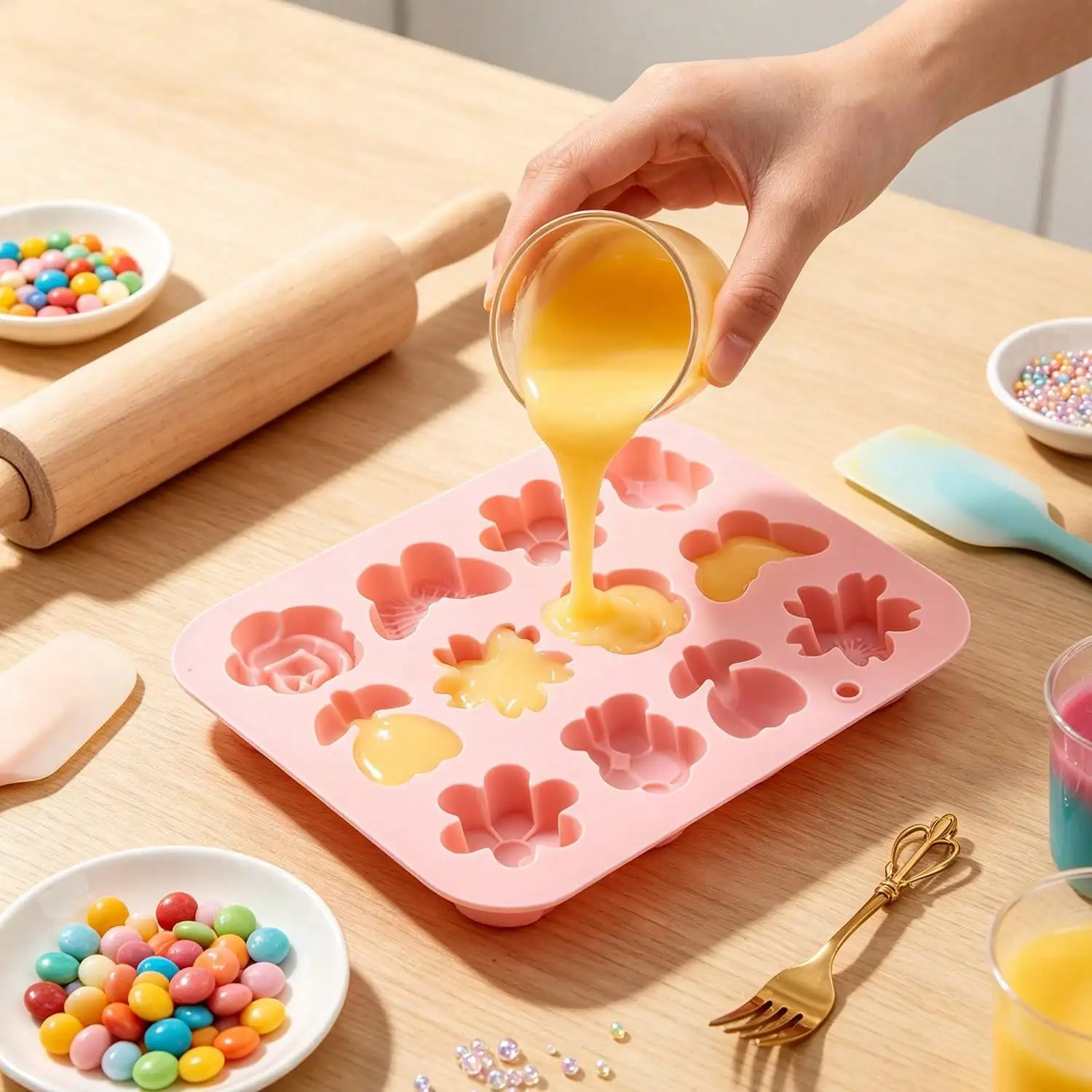 1-2 Pack Flower & Butterfly Silicone Candy Mold, Multi Shapes Food Grade Mould for Chocolate, Gummy, Fondant and Cake Decor