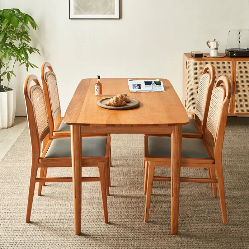 

New Chinese solid wood dining table household light luxury ash wood dining table rattan retro simple