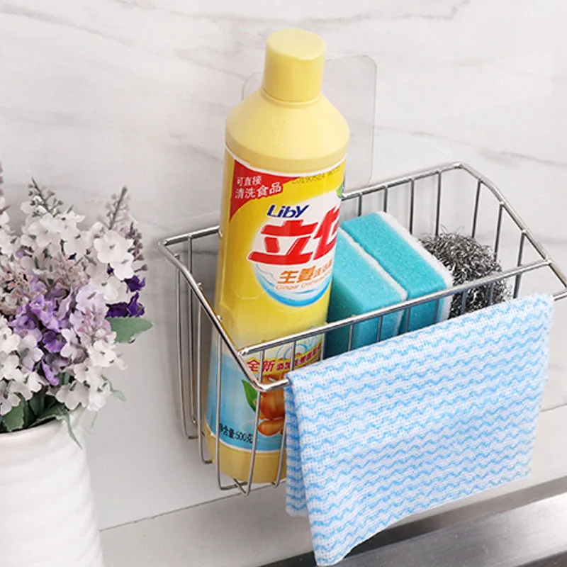 

Wall Drain Rack Stainless Steel Water Tank Dishwashing Liquid Storage Cloth Kitchen Sink Suction Holder For Sponges Dish Sink