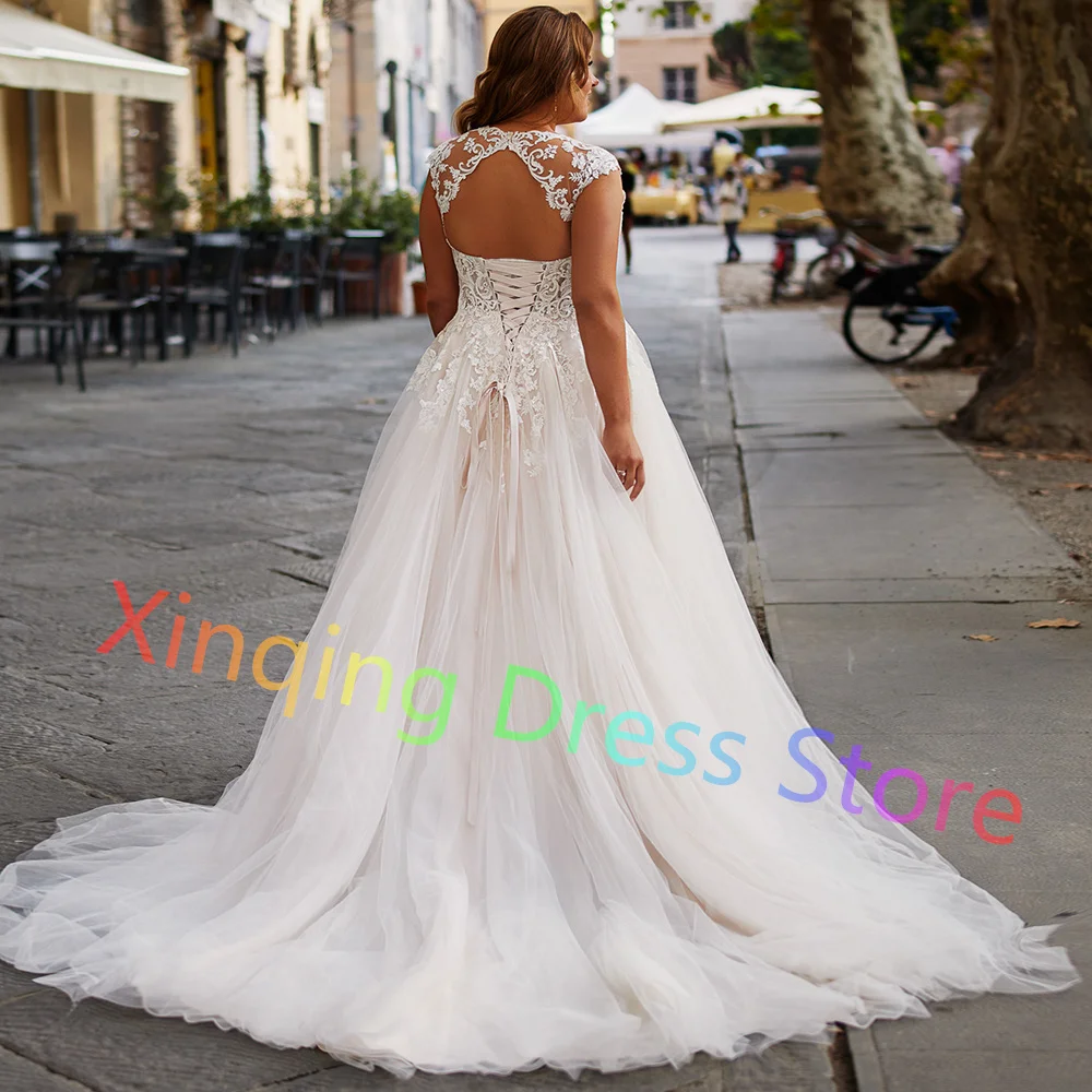 Women O-neck Plus Size Wedding Dress Appliques Sleeveless Bridal Gowns A-line Tulle Lace Up Back Chapel Train Vestido De Novia