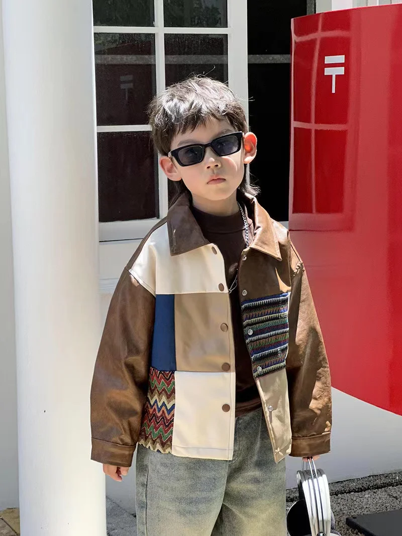 2024 Autumn 1-12Y Boy Leather Coat Children's New Korean Version Of Color Patchwork Fashion Lapel Retro Style 90-140cm